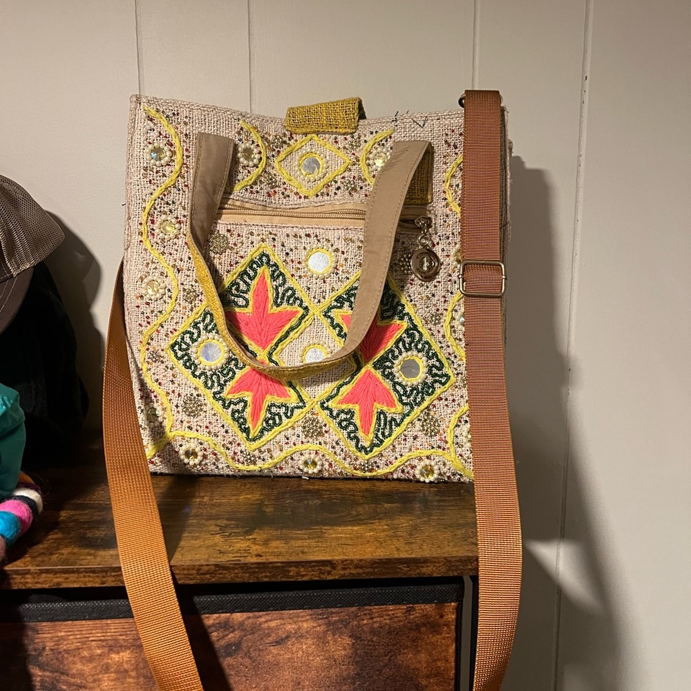 Embroidered Crossbody Tote Bag